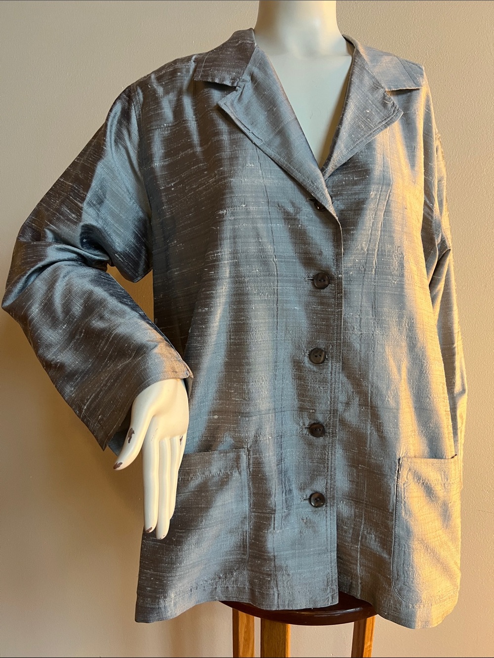 Chico's Silver-Gray Silk Button Front Jacket